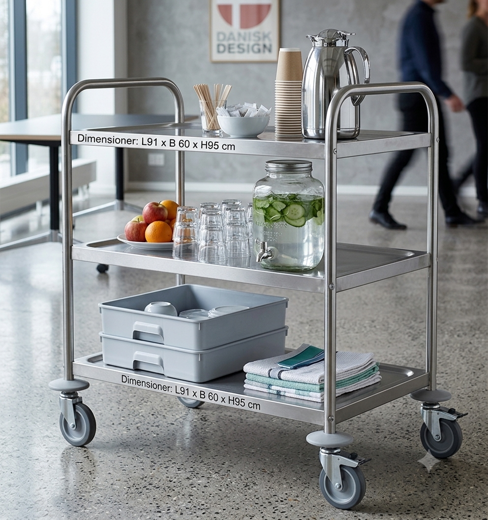Rustfrit rullebord 3 hylder med letløbende hjul til erhverv og institutioner fra Tinsø Webshop