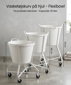 Hvid vasketøjskurv på hjul 20 ltr Flexibowl i højderne 58cm 68cm og 78cm med fire drejehjul