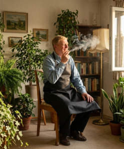 Et varmt og hyggeligt foto af en ældre mand med lyst hår, der sidder på en træstol i en stue fyldt med grønne stueplanter. Manden har en blå skjorte og et mørkt forklæde på. Han sidder med en tændt cigaret i hånden, og røgen stiger op og trækker hen mod et åbent vindue til højre. Solstråler strømmer ind ad vinduet og oplyser rummet. I baggrunden ses en bogreol med bøger, en standerlampe og små indrammede billeder på den lyse væg. Omkring manden står adskillige potteplanter, blandt andet bregner, svigermors skarpe tunge og figenplanter, som skaber en frisk og hjemlig atmosfære.