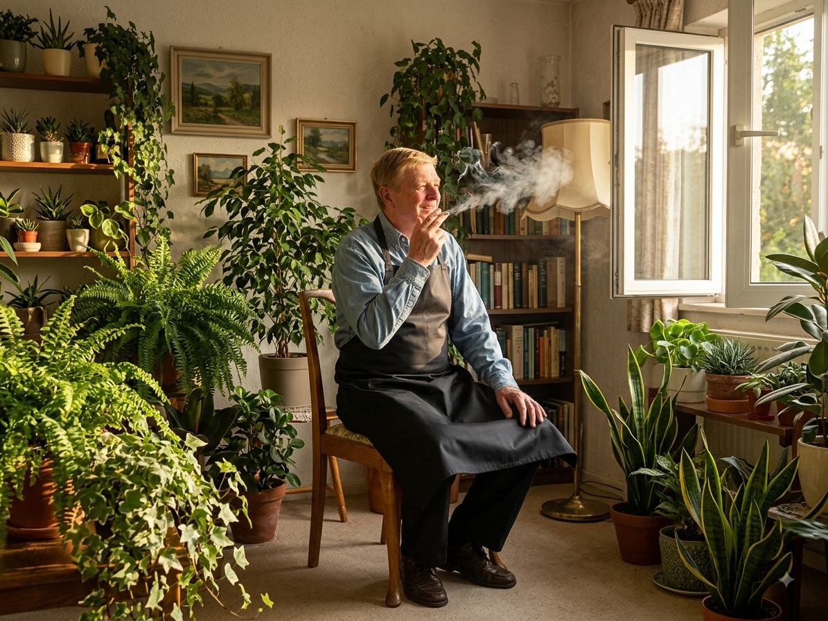 Et varmt og hyggeligt foto af en ældre mand med lyst hår, der sidder på en træstol i en stue fyldt med grønne stueplanter. Manden har en blå skjorte og et mørkt forklæde på. Han sidder med en tændt cigaret i hånden, og røgen stiger op og trækker hen mod et åbent vindue til højre. Solstråler strømmer ind ad vinduet og oplyser rummet. I baggrunden ses en bogreol med bøger, en standerlampe og små indrammede billeder på den lyse væg. Omkring manden står adskillige potteplanter, blandt andet bregner, svigermors skarpe tunge og figenplanter, som skaber en frisk og hjemlig atmosfære.