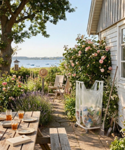 Mobil sækkevogn med én klar affaldssæk trukket over håndtagene, stående på en solrig terrasse i en have med roser.