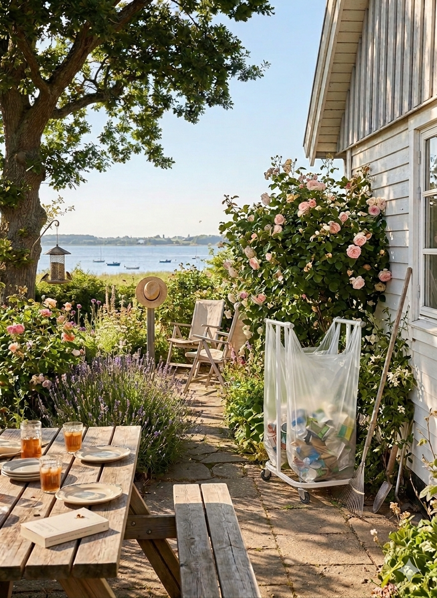 Mobil sækkevogn med én klar affaldssæk trukket over håndtagene, stående på en solrig terrasse i en have med roser.