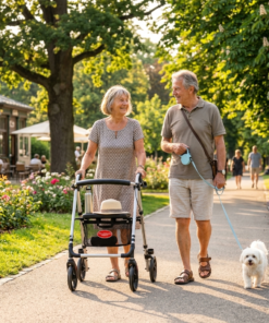 Et ældre ægtepar går en tur på en solrig sti i en grøn park om sommeren. Kvinden til venstre smiler og skubber en sølvfarvet rollator med kurv og sæde. Manden til højre går ved siden af i polo t-shirt og shorts, mens han lufter en lille, hvid og ulden hund i snor. Parken har blomsterbede, store træer og en udendørs café i baggrunden.