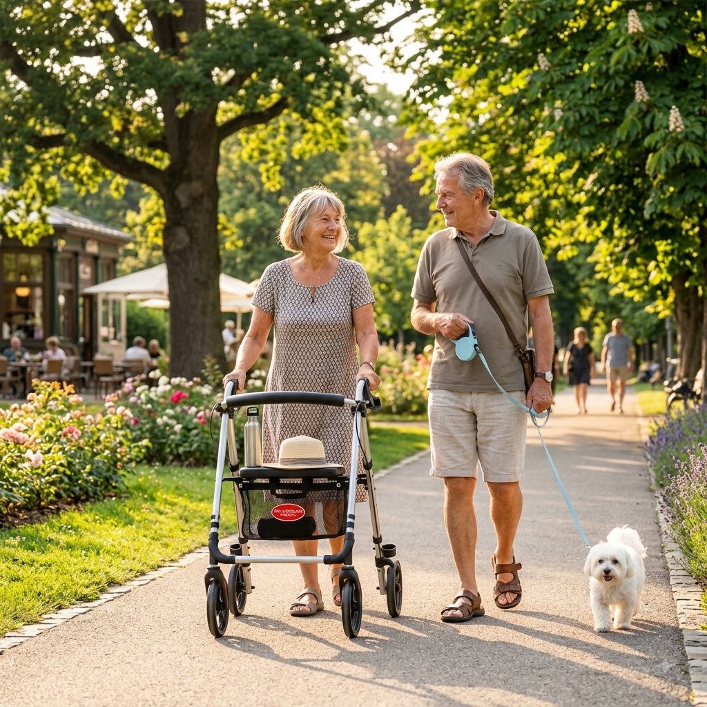 Et ældre ægtepar går en tur på en solrig sti i en grøn park om sommeren. Kvinden til venstre smiler og skubber en sølvfarvet rollator med kurv og sæde. Manden til højre går ved siden af i polo t-shirt og shorts, mens han lufter en lille, hvid og ulden hund i snor. Parken har blomsterbede, store træer og en udendørs café i baggrunden.