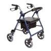 Foldbar Impala rollator med sæde (siddehøjde 52,5 cm, sædebredde 35 cm, sædedybde 33 cm), underliggende indkøbskurv (maks. 5 kg) og ryglæn. Den vejer 7,3 kg, er udstyret med punkterfri gummihjul og kan bære op til 120 kg.