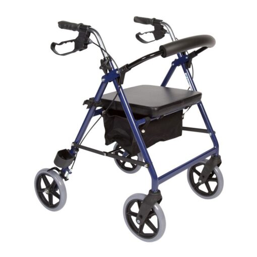Foldbar Impala rollator med sæde (siddehøjde 52,5 cm, sædebredde 35 cm, sædedybde 33 cm), underliggende indkøbskurv (maks. 5 kg) og ryglæn. Den vejer 7,3 kg, er udstyret med punkterfri gummihjul og kan bære op til 120 kg.