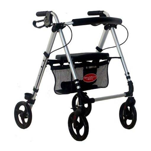 Rollator i sølv, designet til at støtte personer med mobilitets- og balanceudfordringer. Udstyret med siddeplads, transporttaske og punkterfri hjul. Højden kan justeres, og den samles uden værktøj. Maks. vægtkapacitet 136 kg.
