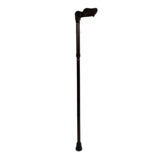 Sort, sammenklappelig og højdejusterbar Ergonomisk stok i aluminium med bredt og trykfordelende håndtag fra Tinsø Webshop.