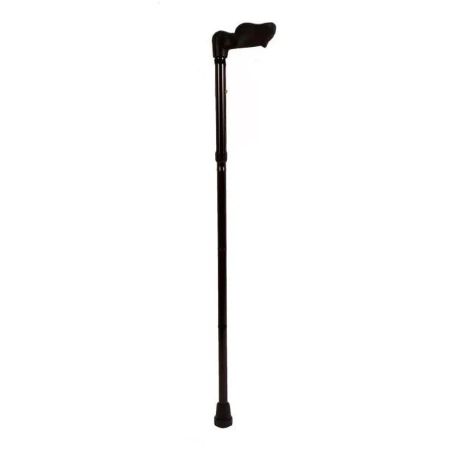 Sort, sammenklappelig og højdejusterbar Ergonomisk stok i aluminium med bredt og trykfordelende håndtag fra Tinsø Webshop.