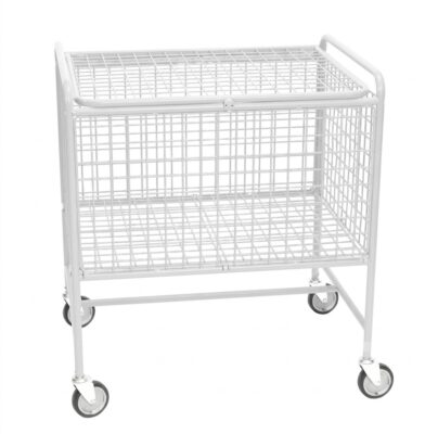 Robust Netkurvevogn 800x600xH915mm med 4 drejelige hjul og stor trådkurv til vaskeri og logistik hos Tinsø Webshop."
